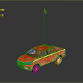 Red Military Pickup Truck Featuring Orange Flag On Roof And Dark Reflective Surface