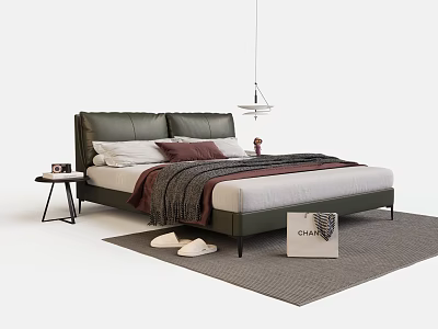Modern Double Bed Interior With Leather Headboard Pillows Blanket Side Table Hanging Lamp And Rug 3d model