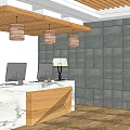 Modern Hotel Lobby With Marble Wooden Reception Desk Hanging Lights And Gray Stone Wall