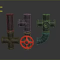 Industrial Style Metal Pipe Fittings With Red Valve And Various Shapes On Dark Background