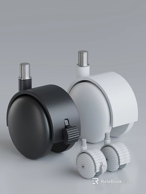 Black And White Industrial Casters With Mounting Studs 3d model 