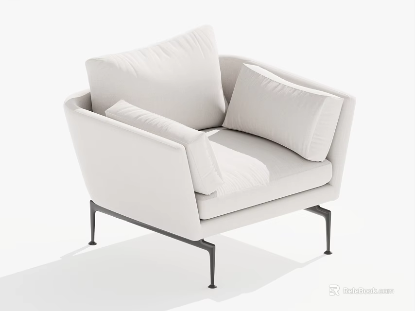 Modern White Single Sofa With Soft Plush Cushions And Black Metal Legs Design 3d model 