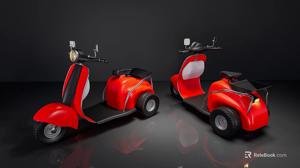 Two Red Modern Electric Scooters With Black Seats And Reflective Floor 3d model 