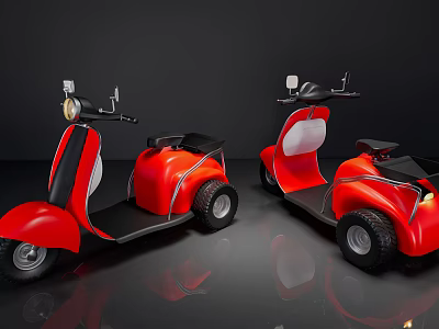 Two Red Modern Electric Scooters With Black Seats And Reflective Floor 3d model