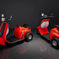 Two Red Modern Electric Scooters With Black Seats And Reflective Floor