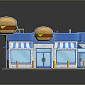 Burger Restaurant Building Featuring Blue Roof White Striped Awnings Outdoor Burger Sign And Yellow Bollards