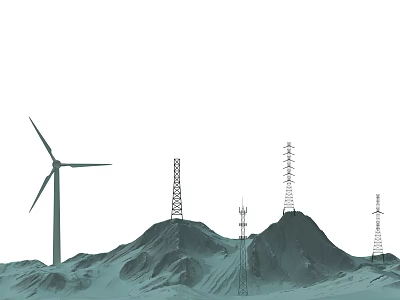 Industrial Equipment Including Wind Turbine And Various Towers On Mountain Terrain 3d model