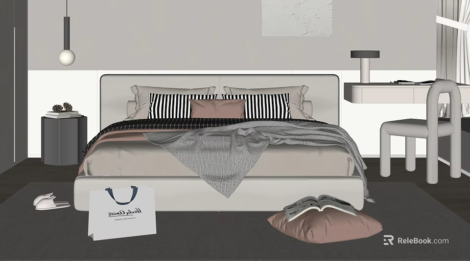 Modern Double Bed With Striped And Pink Pillows Gray Blanket Side Table Lamp And Cushion 3d model 