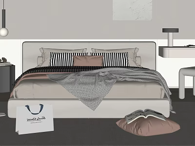 Modern Double Bed With Striped And Pink Pillows Gray Blanket Side Table Lamp And Cushion 3d model