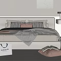 Modern Double Bed With Striped And Pink Pillows Gray Blanket Side Table Lamp And Cushion