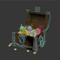 Open Wooden Treasure Chest With Pumpkin Decoration Purple Ball Blue Box And Scattered Gold Coins