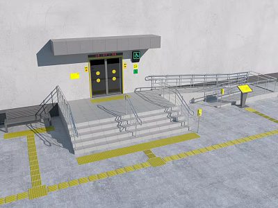 Building Entrance Structure With Steps Handrails Wheelchair Ramp And Yellow Lines 3d model