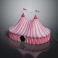 Pink And White Striped Circus Tent With Red Cone Tops Colorful Flags And String Lights