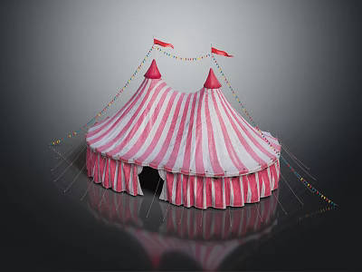 Pink And White Striped Circus Tent With Red Cone Tops Colorful Flags And String Lights 3d model