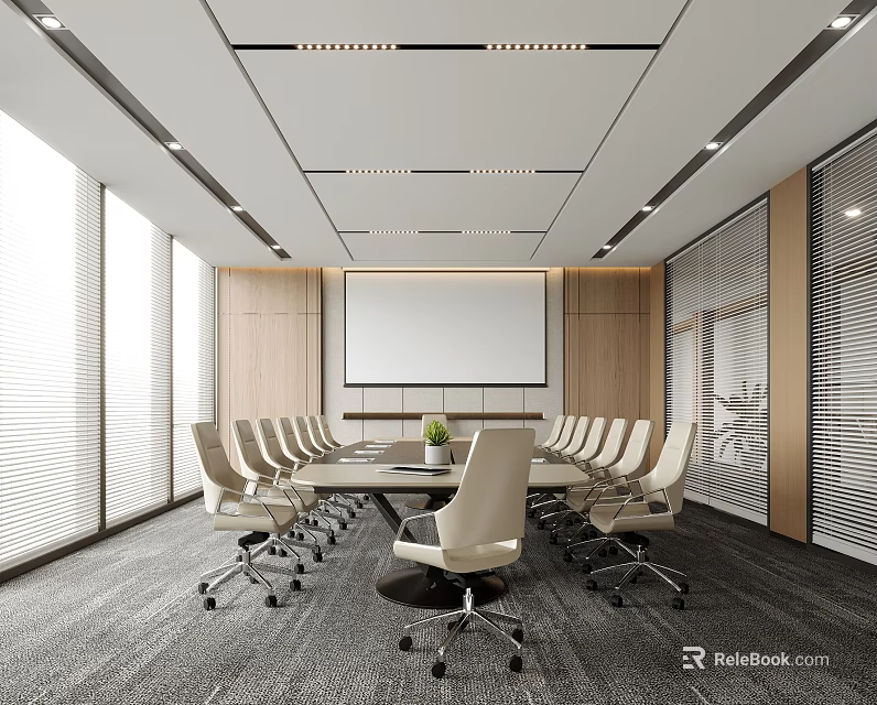 Modern Conference Room Interior With Long Table White Chairs Projection Screen And Window Blinds 3d model 