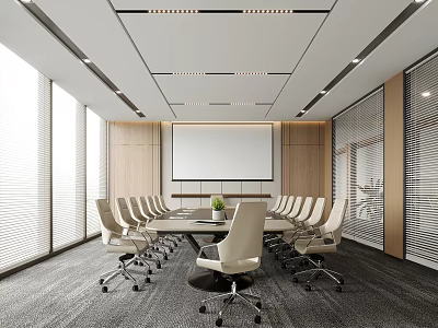 Modern Conference Room Interior With Long Table White Chairs Projection Screen And Window Blinds 3d model