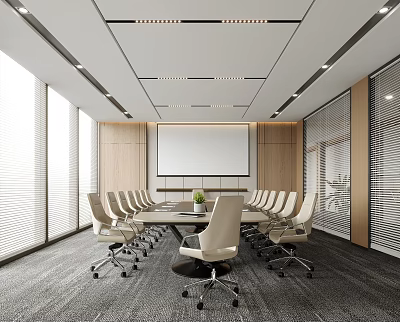 Modern Conference Room Interior With Long Table White Chairs Projection Screen And Window Blinds 3d model
