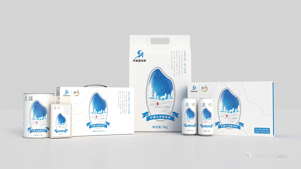 Natural Style Ornament Decoration Set with Blue Mountain Pattern and Packaging Design Elements 3d model 