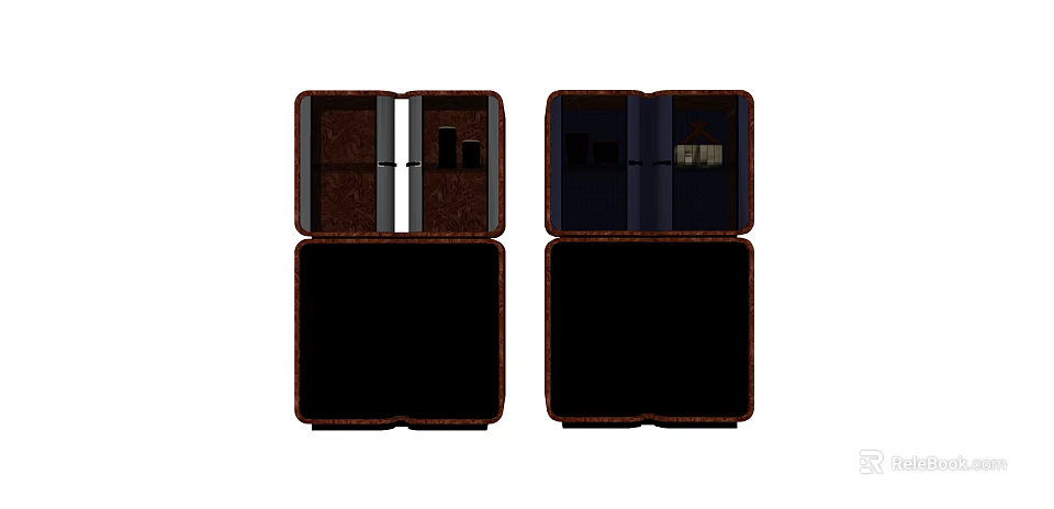 Two Wooden Storage Cabinet Shelves With Divided Compartments And Lower Open Storage Space 3d model 