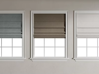 Gray Brown Beige Roller Blinds on White Framed Windows in Light Wall Interior 3d model