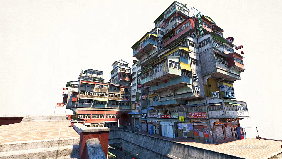 Dense Multi layered Residential Building With Colorful Balconies And Ground Floor Shops 3d model 