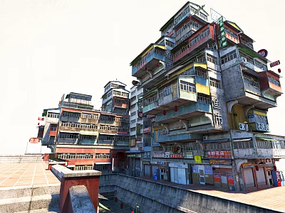 Dense Multi layered Residential Building With Colorful Balconies And Ground Floor Shops 3d model