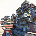 Dense Multi layered Residential Building With Colorful Balconies And Ground Floor Shops