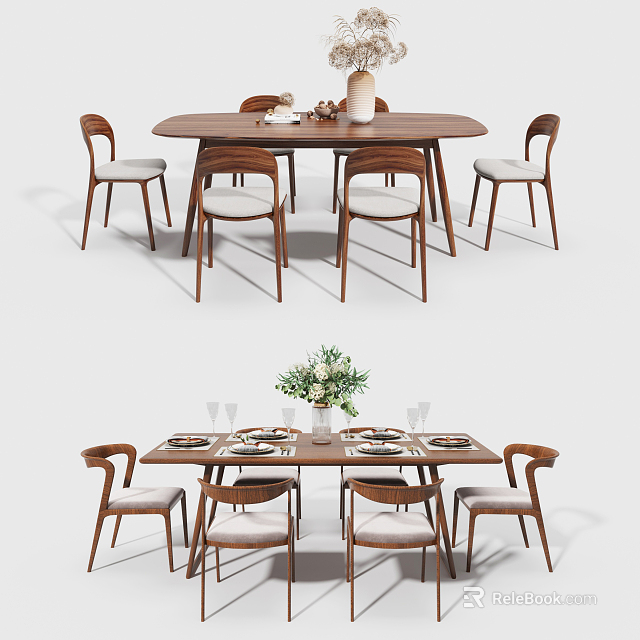 Modern Wooden Dining Table And Chairs Set With Flower Vase And Tableware 3d model 