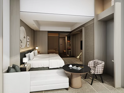 Elegant Modern Hotel Room Interior With White Bed Sofa And Round Coffee Table 3d model