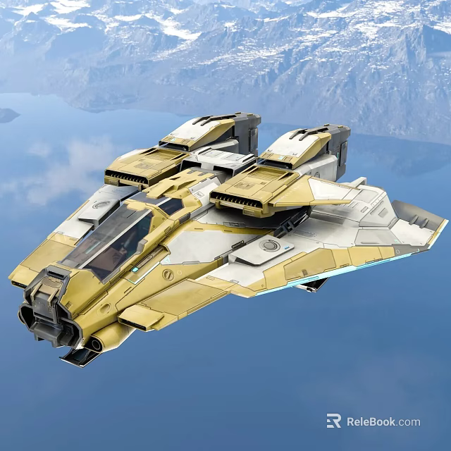 Advanced Aerospace Futuristic Spaceship Flying Over Scenic Mountain Water Terrain 3d model 