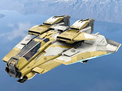 Advanced Aerospace Futuristic Spaceship Flying Over Scenic Mountain Water Terrain 3d model