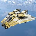 Advanced Aerospace Futuristic Spaceship Flying Over Scenic Mountain Water Terrain