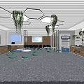 Modern Laboratory Interior With Workbenches Green Plants Stools And Ceiling Lighting 3d model