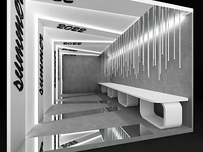 Modern Corridor Interior With White Bench Metal Stripes And Mirrored Floor 3d model