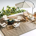 Outdoor Table And Chair Set With Wooden Deck Fire Pit Umbrella And Green Plants