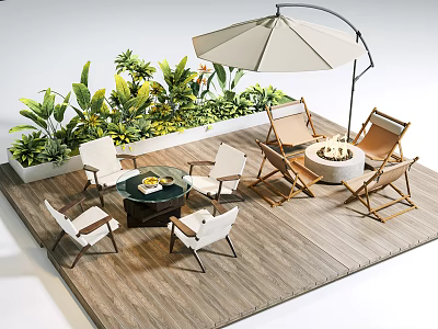 Outdoor Table And Chair Set With Wooden Deck Fire Pit Umbrella And Green Plants 3d model