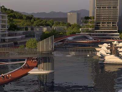 Modern Commercial Street with Waterfront Views Pedestrian Paths and Green Landscaping 3d model