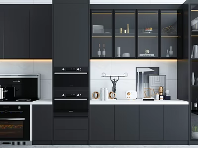 Modern Kitchen Interior With Black Cabinets Countertop And Glass Front 3d model