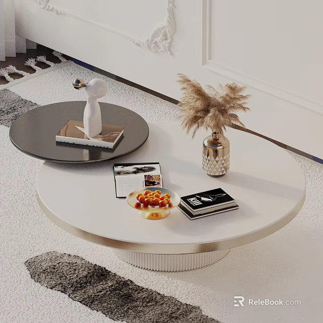 Stylish Black and White Round Coffee Table Set with Decorative Items Magazines and Dried Flowers 3d model 
