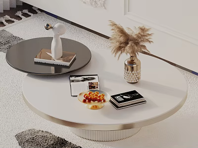 Stylish Black and White Round Coffee Table Set with Decorative Items Magazines and Dried Flowers 3d model