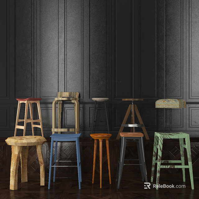 Colorful Wooden And Metal Bar Stools In Various Designs For Interior Decor 3d model 