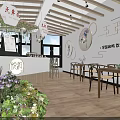 Cozy Milk Tea Shop Interior With Mural Paintings Potted Plants Hanging Lanterns And Wooden Tables