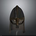 Ancient Metallic Helmet With Decorative Silver And Gold Patterns Chainmail Neck Guard Design 3d model