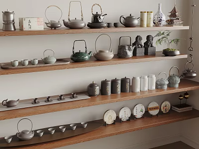 Traditional Tea Ware Collection Display With Teapots Teacups And Decorative Items On Shelves 3d model
