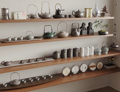 Traditional Tea Ware Collection Display With Teapots Teacups And Decorative Items On Shelves 3d model