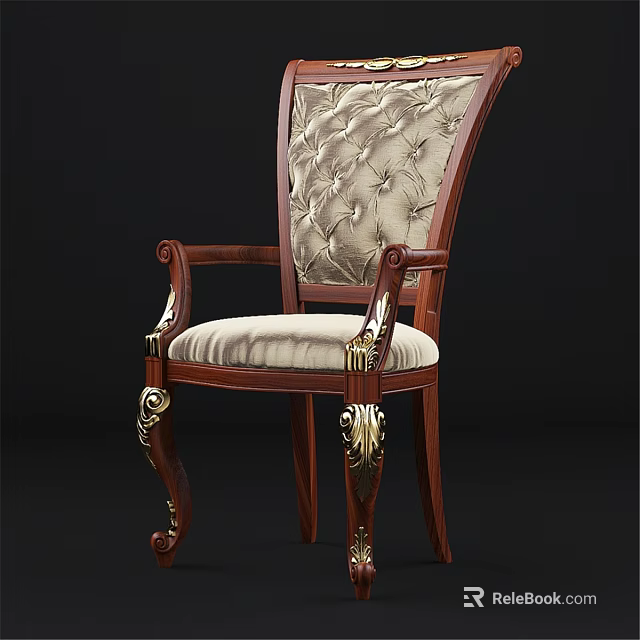 Classic Single Chair With Wooden Frame Beige Upholstered Button Tufted Backrest And Carved Legs 3d model 