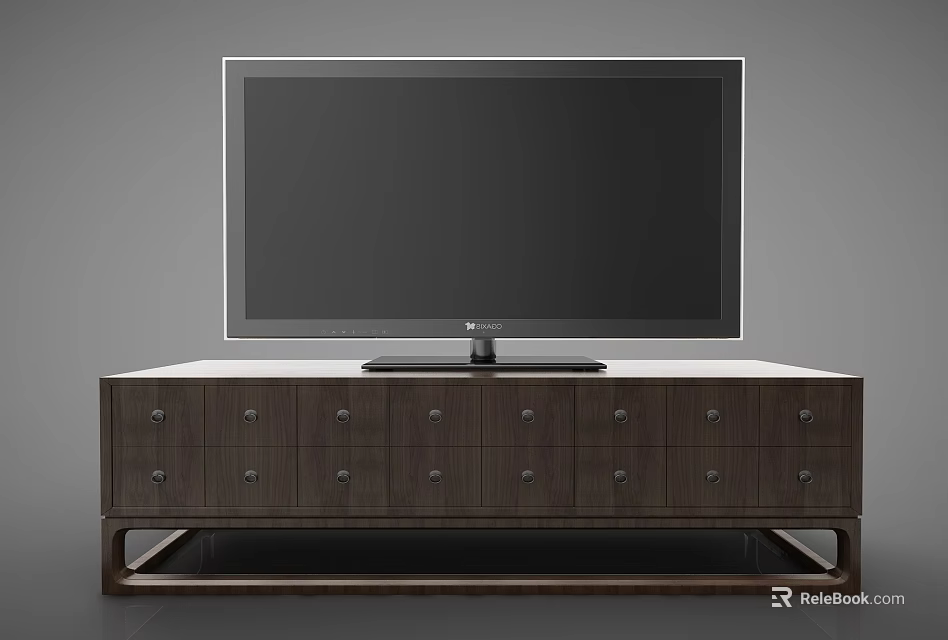 Dark Wooden TV Stand with Multiple Drawers and TV on Sturdy Base 3d model 