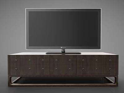 Dark Wooden TV Stand with Multiple Drawers and TV on Sturdy Base 3d model