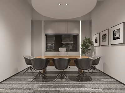 Modern Conference Room Interior With Wooden Table Black Chairs Large Screen TV And Decorative Paintings 3d model