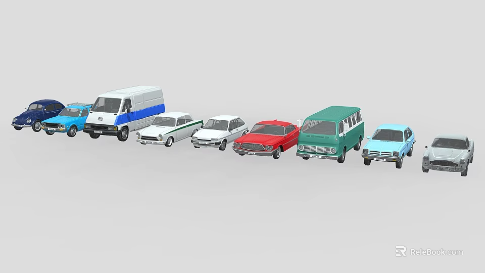 Various Types of Colorful Cars and Vehicles Displayed in a Row 3d model 